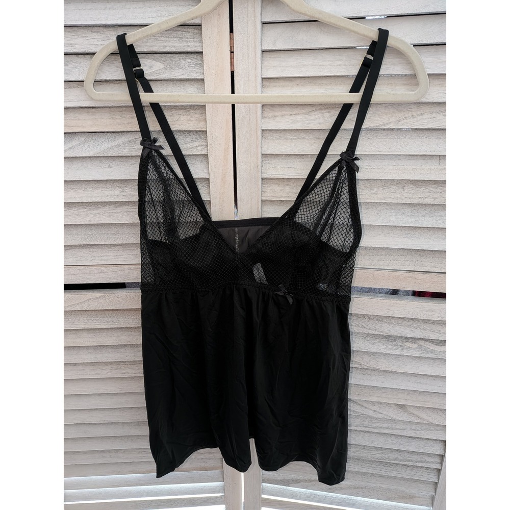 Cacique Black Fishnet Mesh Babydoll Chemise Lingerie Top‎ Size 10/12 Adjustable